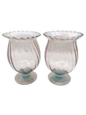 Optic Swirl Glass Vase Set Of 2 Footed Ribbed Scalloped Vtg Mid-Century Modern